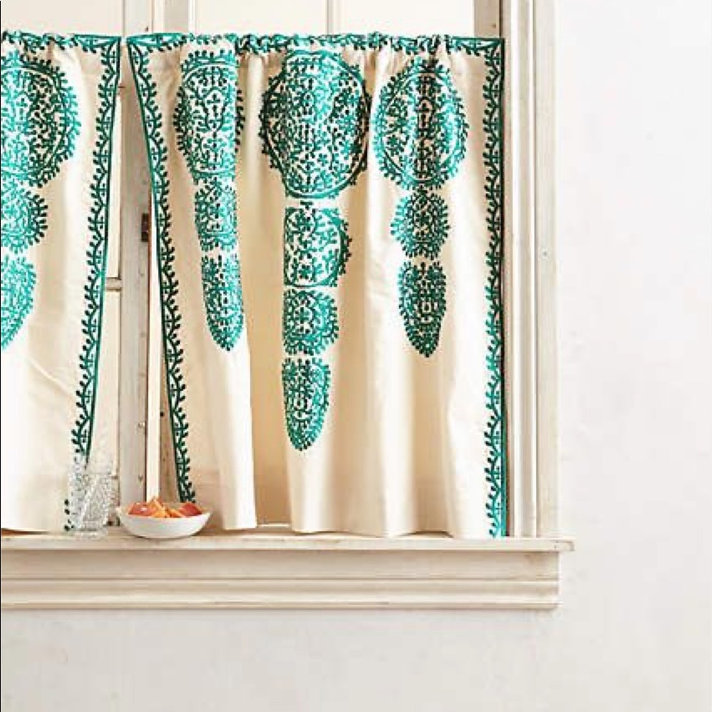 Anthropologie Marrakech Cafe Curtain Panel Moroccan Green White 50x36”